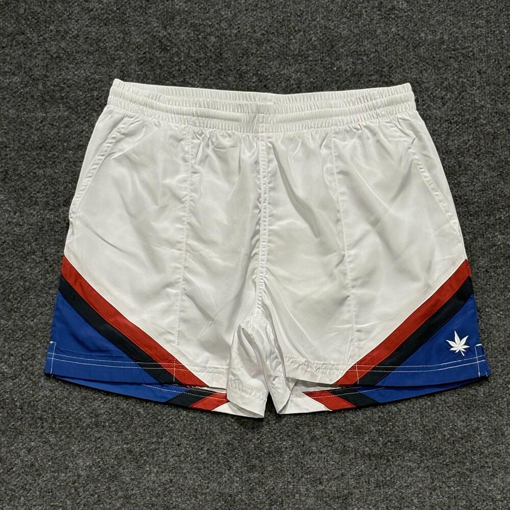 Boast Swim Shorts Mens Small White Red Blue Colorblock Lined Brief Drawstring
